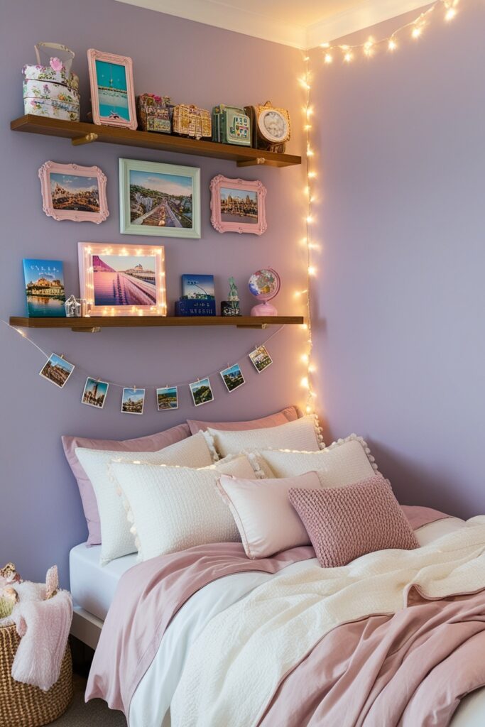 bedroom with a shelf of travel souvenirs, pastel-hued photo frames with personal pictures, cozy bedding