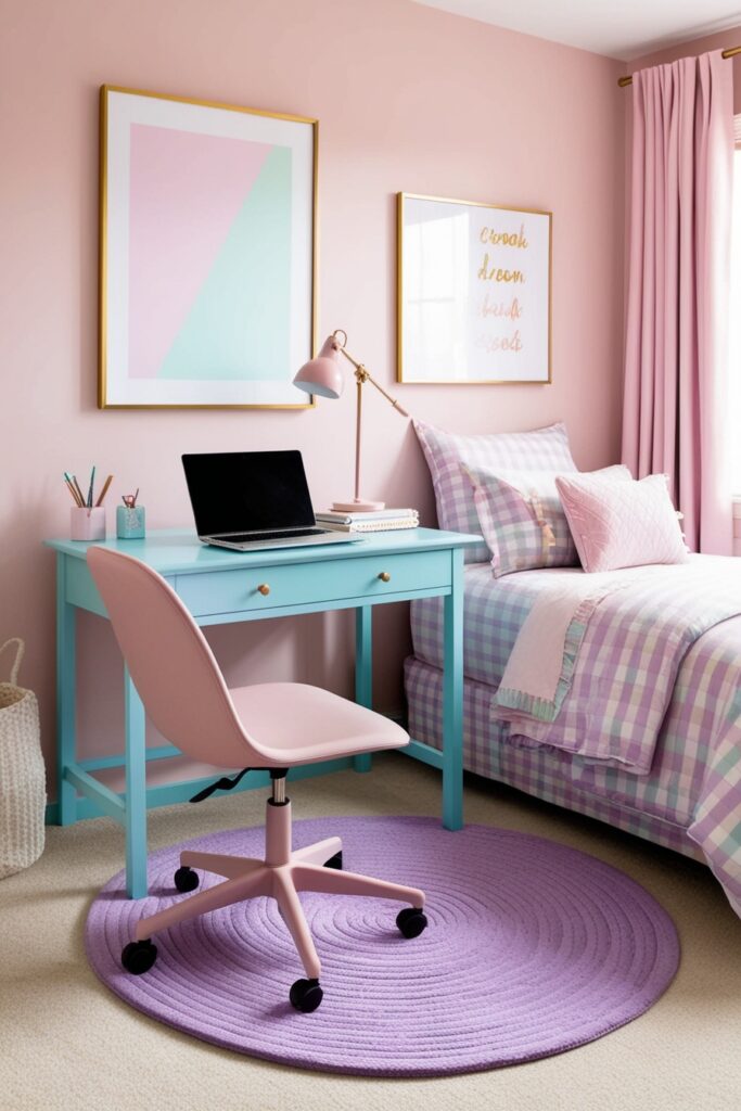 bedroom with a small desk at the foot of the bed, pastel blue desk, blush pink ergonomic chair