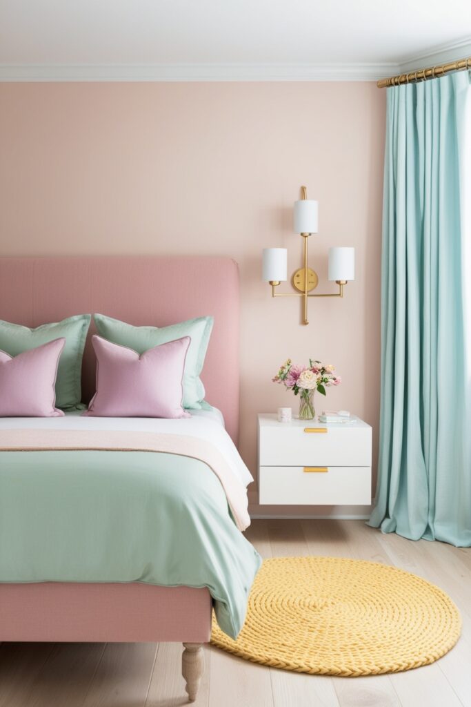 bedroom with gold wall-mounted bedside sconces above white floating nightstands