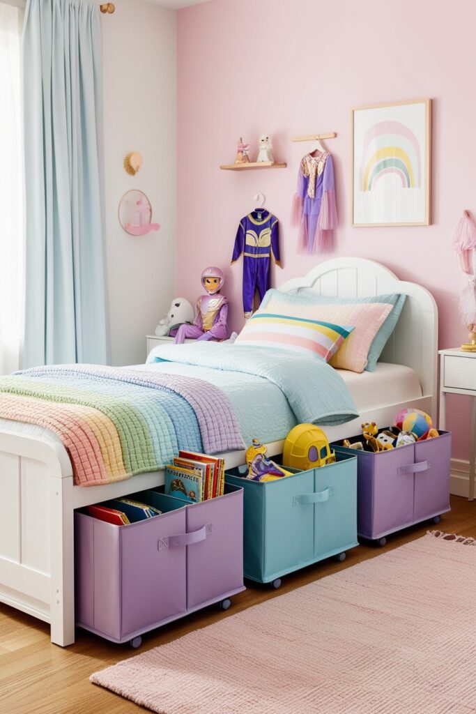 bedroom with under-bed rolling bins in baby blue and lavender, neatly storing books, costumes