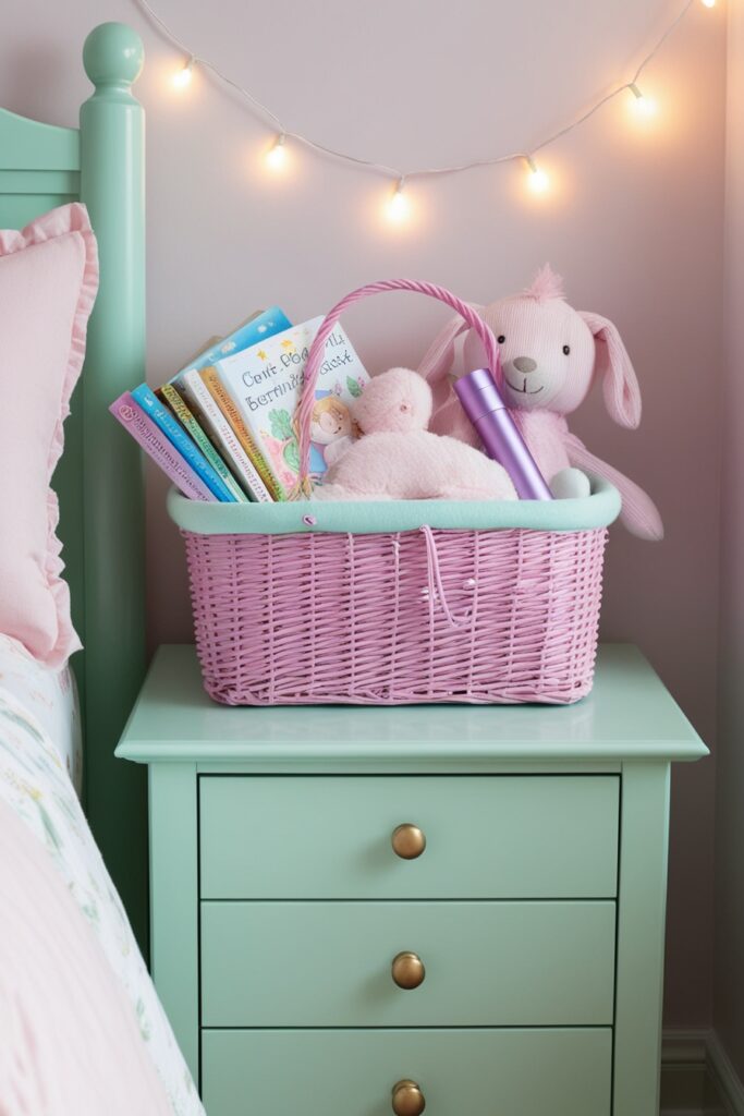 bedtime basket on a mint nightstand, filled with books, a lavender flashlight, and a pink stuffed animal.