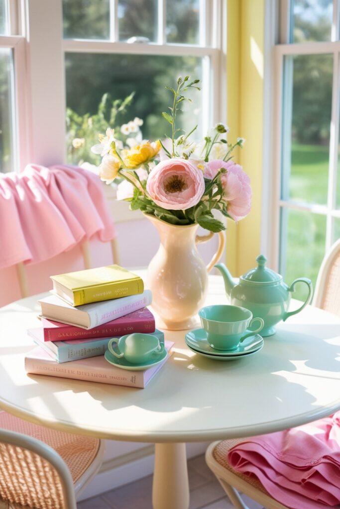 bistro-style table setup in a sunroom with pastel pink and butter yellow decor, small stack of books