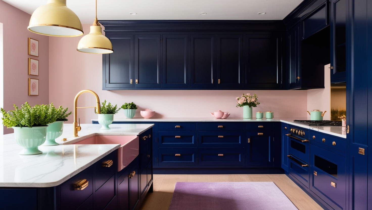 kitchen with blue cabinets