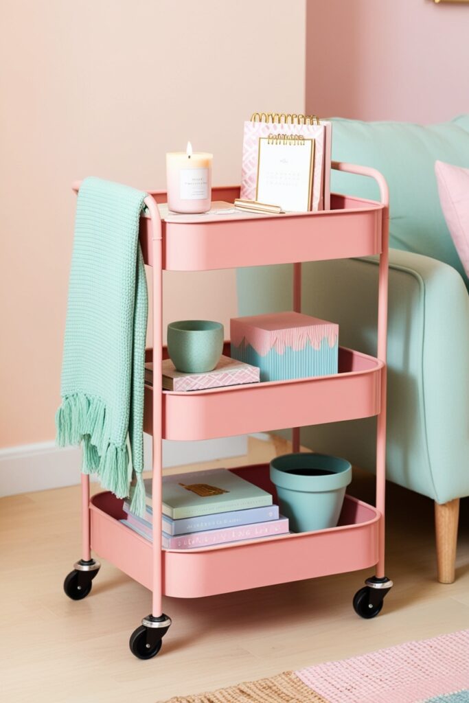 blush pink rolling cart with three tiers holding pastel stationery, candles, and books