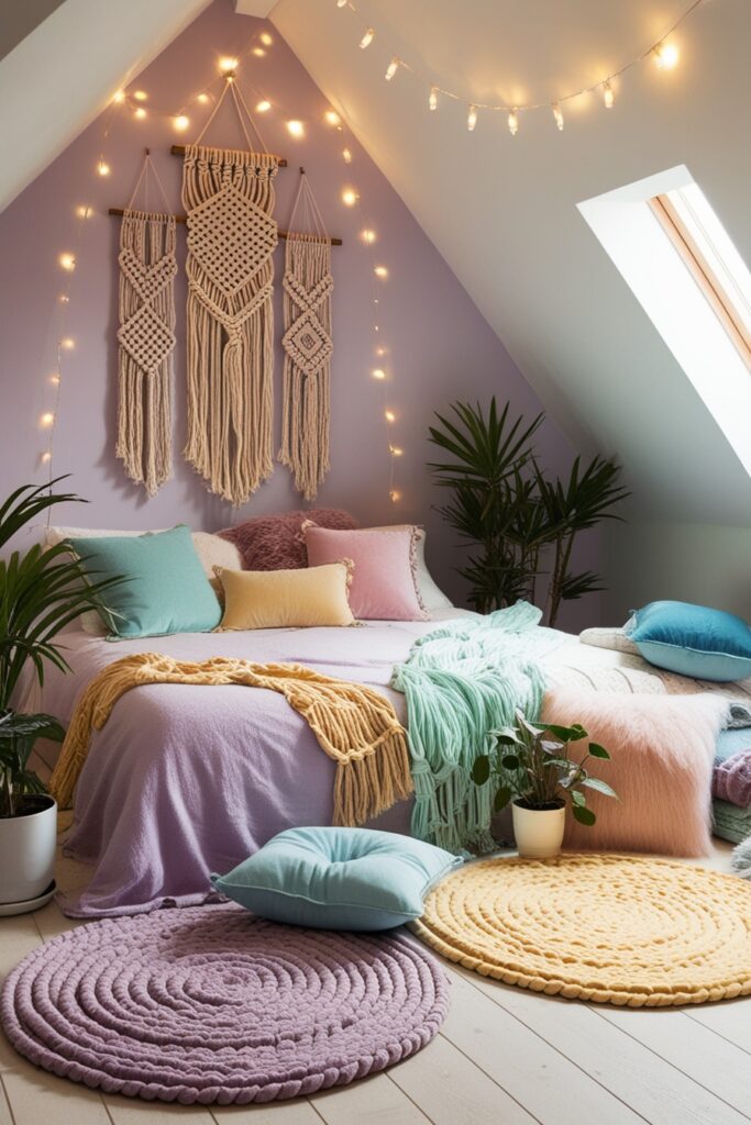 bohemian attic bedroom with layered pastel rugs in lavender, butter yellow, and mint green, macramé wall hangings