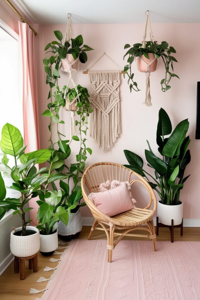 boho apartment with lush indoor plants—fiddle leaf fig, trailing pothos, hanging macramé planters