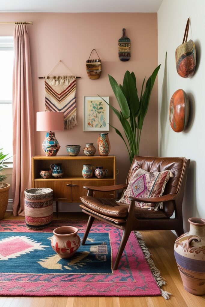 boho apartment with vintage leather chair, quirky thrifted lamp, eclectic pottery collection