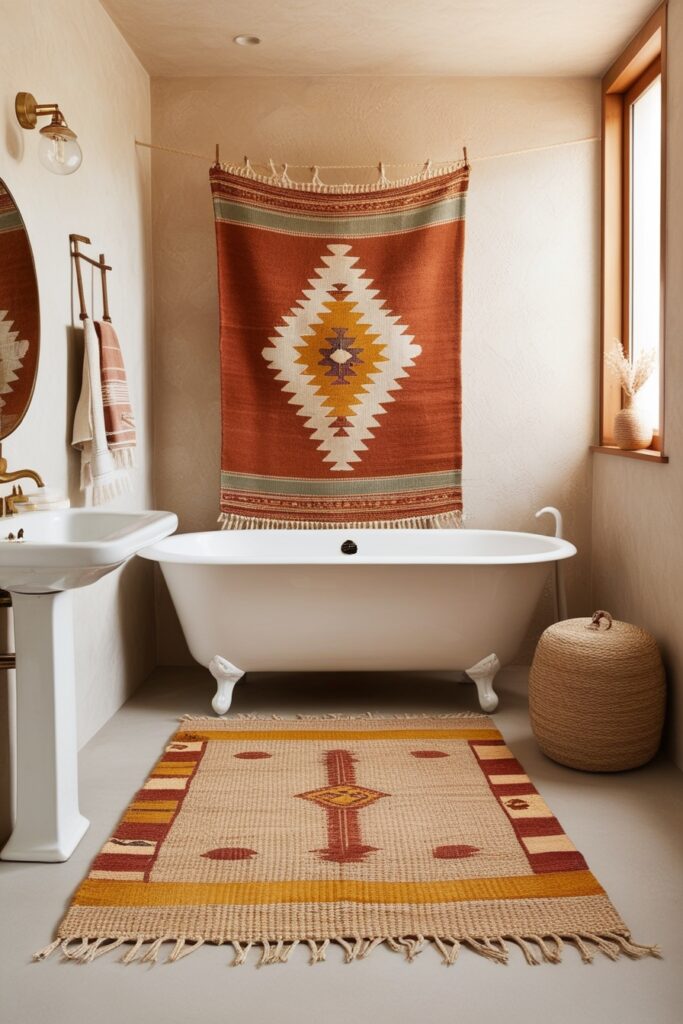 boho bathroom with a layered rug setup, featuring a neutral jute rug beneath a vibrant vintage kilim rug in terracotta