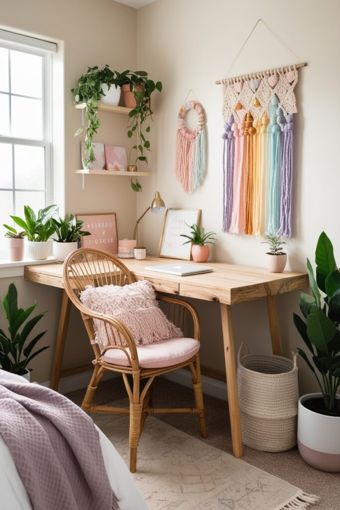 boho bedroom corner office with natural wood desk, wicker chair with baby pink cushio