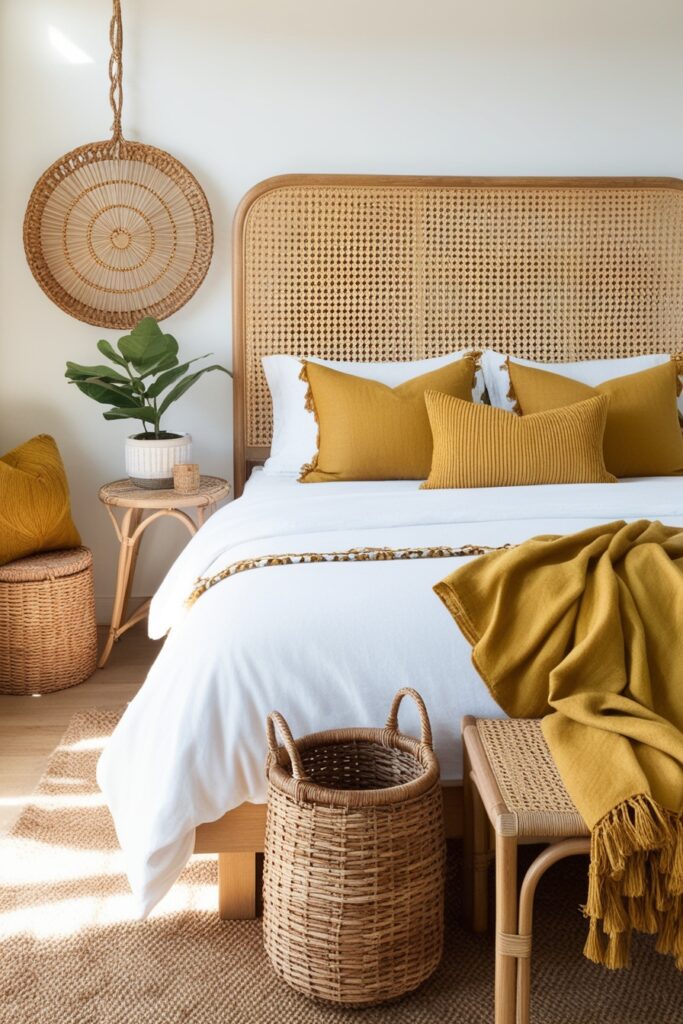 boho bedroom with cane headboard, rattan chair, wicker baskets, mustard throw pillows
