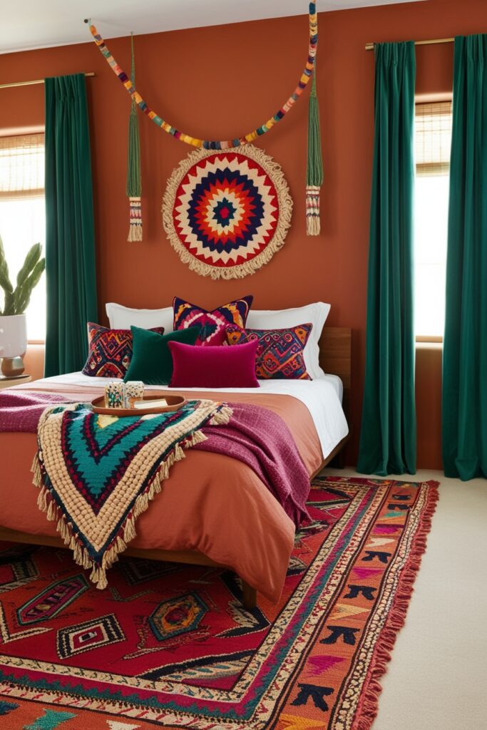 boho bedroom with jewel-toned pillows, tribal patterned rug, terracotta walls, emerald green curtains