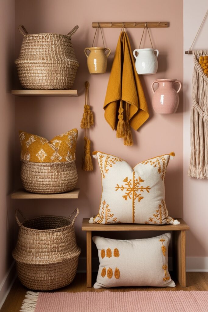 boho corner with handwoven baskets, embroidered pillows, artisan pottery on wooden shelves