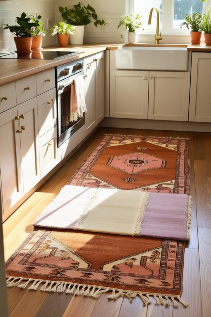 boho kitchen with layered rugs on a wooden floor, one vintage Turkish rug (1)
