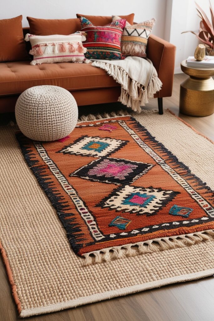 boho living room with layered rugs—neutral jute base rug
