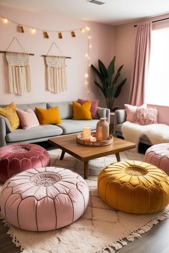 boho lounge with oversized velvet floor cushions, Moroccan poufs, low wooden coffee table