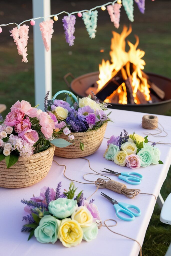 boho pastel flower crown-making table beside a bonfire, baskets overflowing with pink, lavender, butter yellow, and mint green flowers