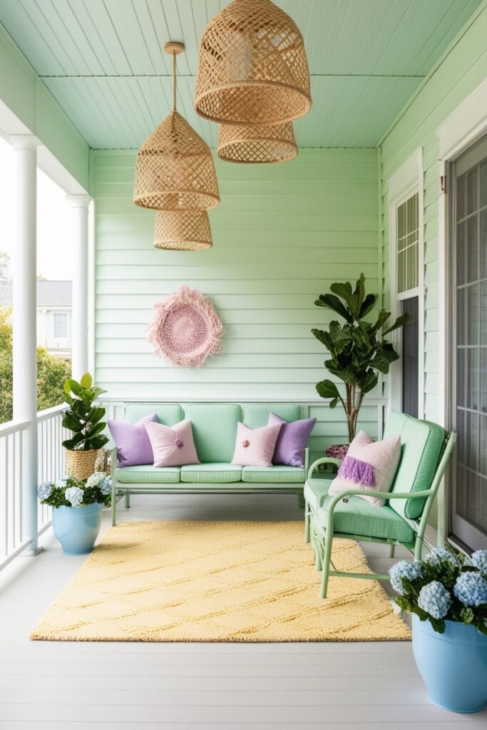 boho porch with woven pendant lights hanging from the ceiling, mint green seating