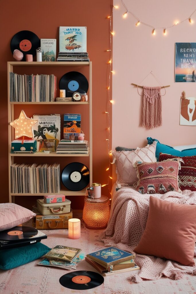 boho room with books, vinyl records, travel souvenirs, mismatched pillows, cozy fairy lights