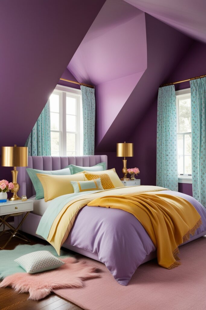 bold attic bedroom painted deep pastel lavender with bedding