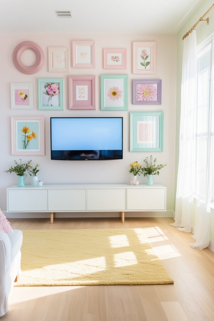 bright, airy living room with a wall-mounted TV surrounded by an eclectic pastel gallery wall