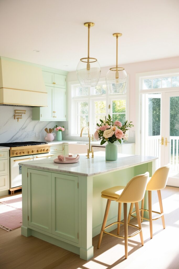 bright, airy open kitchen with a pastel mint green island, gold hardware, marble countertop, cozy bar stools