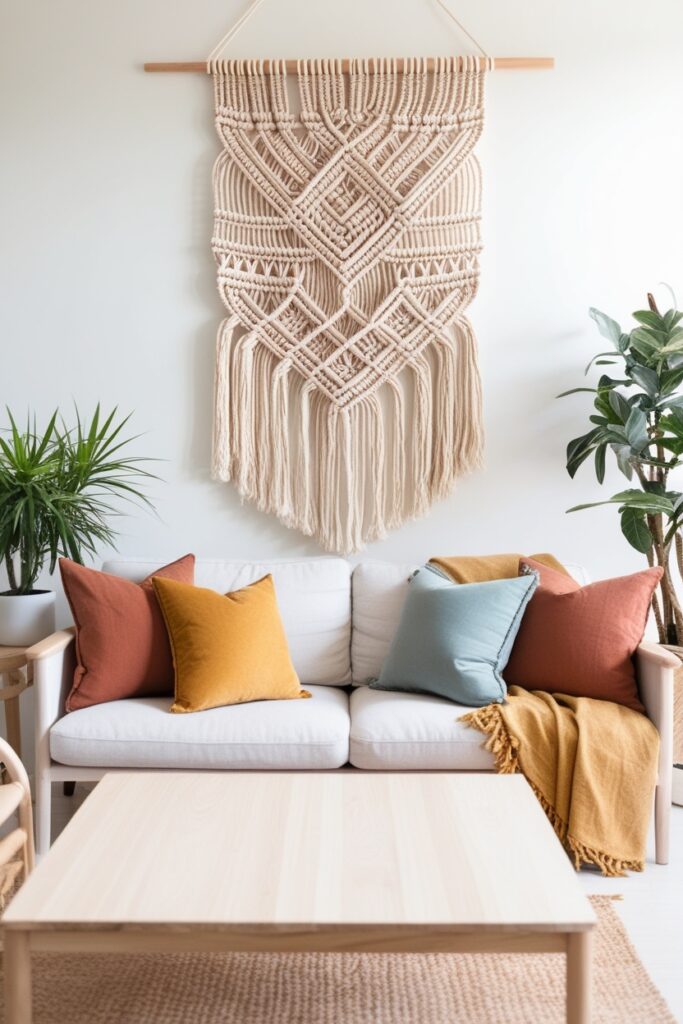 bright and airy living room with a large, handwoven macrame wall hanging