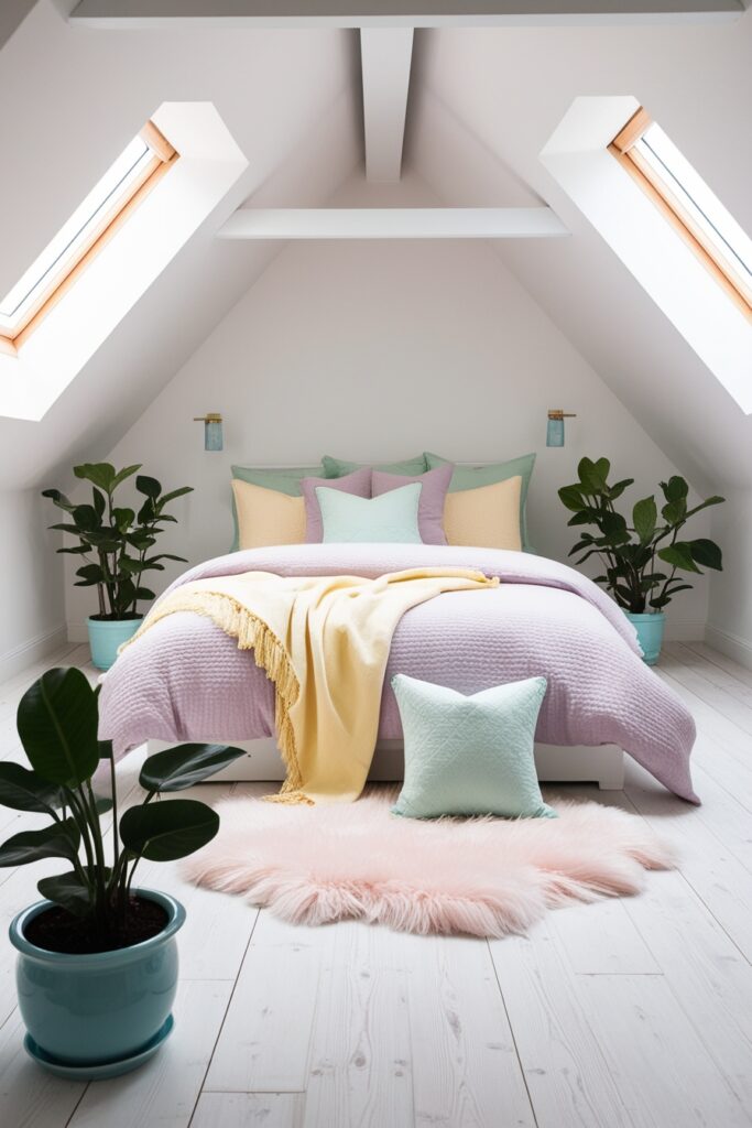 bright attic bedroom with large skylights flooding the room with natural light, whitewashed wood floors