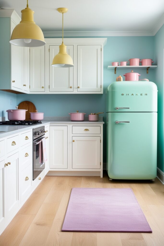 bright kitchen with soft sky-blue painted walls, crisp white shaker cabinets, and a mint green retro fridge