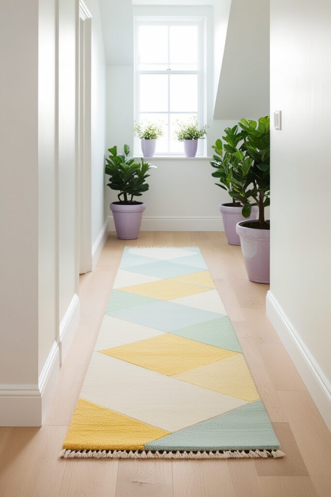 bright upstairs hallway with crisp white walls and light oak flooring, featuring a long pastel runner rug
