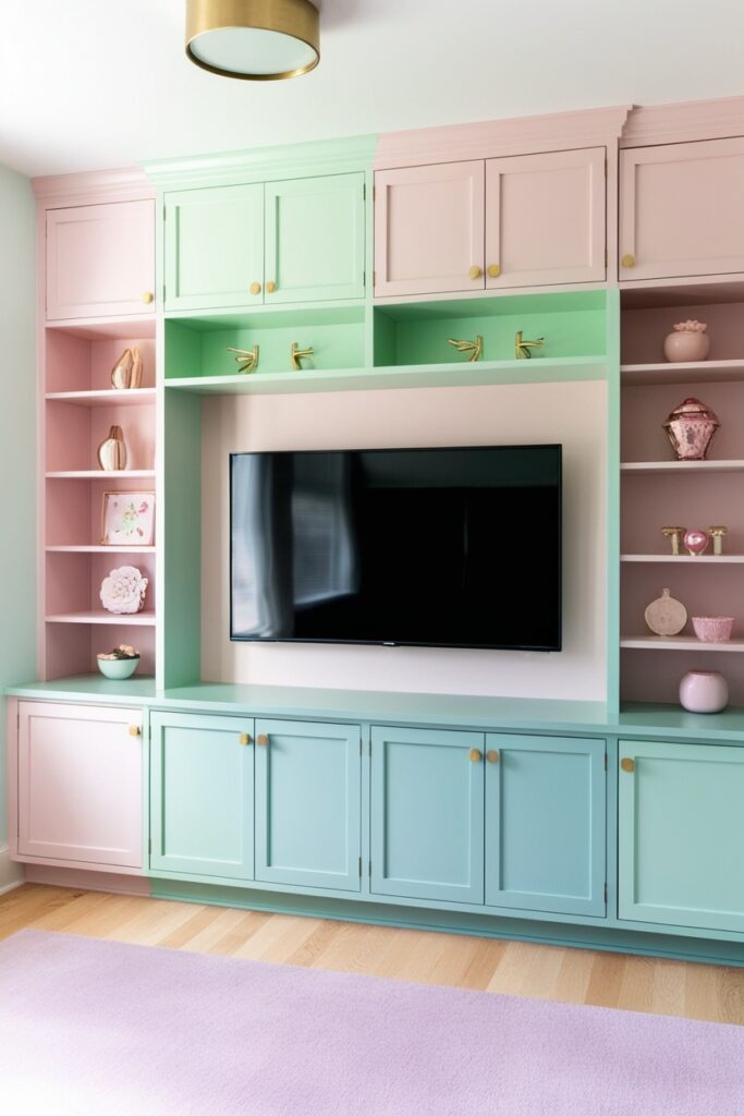 built-in cabinetry painted in alternating mint green and blush pink surrounds a wall-mounted TV