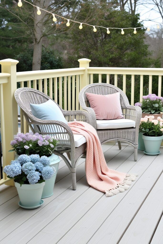 charming backyard deck with classic wooden railings painted in soft butter yellow, surrounded by potted pastel flowers