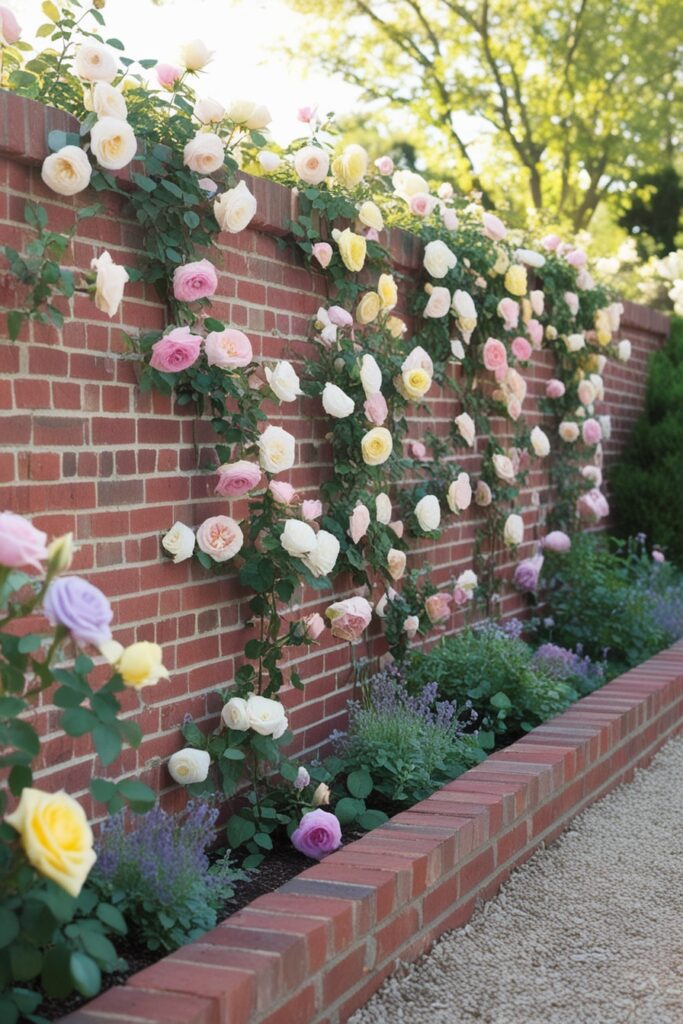 charming brick retaining wall covered with climbing pastel roses