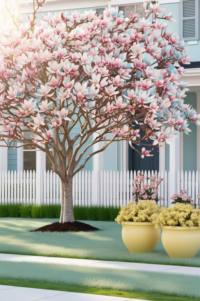 charming front yard featuring a single blooming magnolia tree