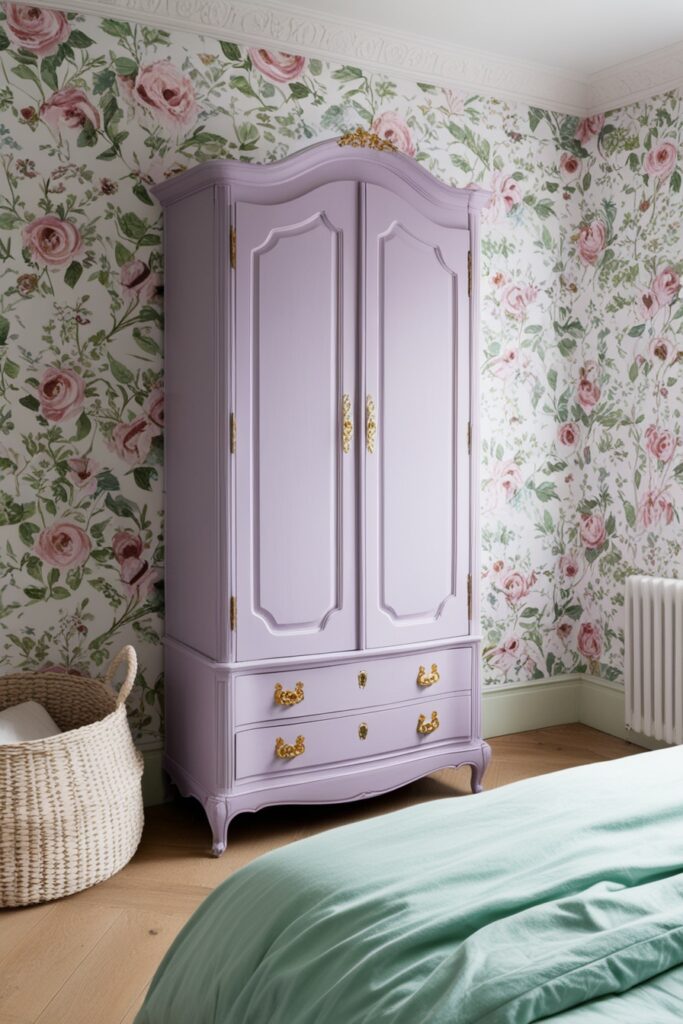 charming vintage wardrobe painted in soft pastel blue with distressed detailing, brass handles, and a delicate floral motif