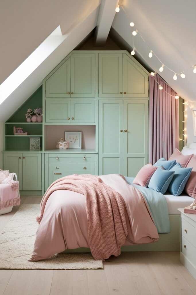 chic attic bedroom with custom built-in mint green cabinets under sloped ceilings