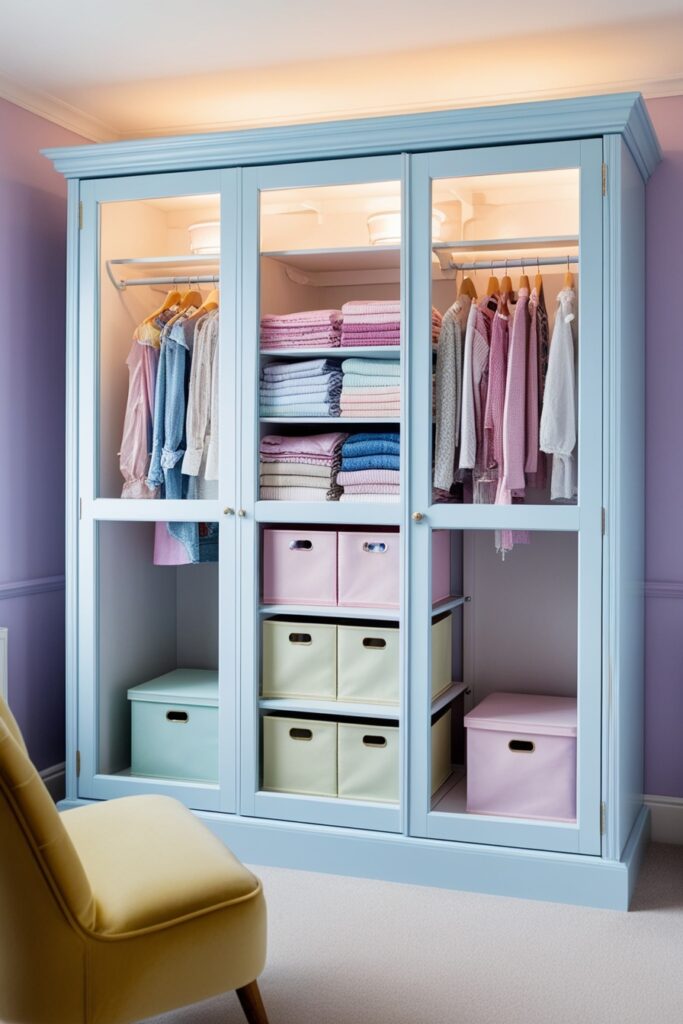 chic bedroom wardrobe with large frosted glass doors framed in baby blue