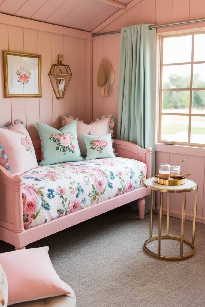 chic guest space inside a she shed with a pastel pink daybed, floral bedding