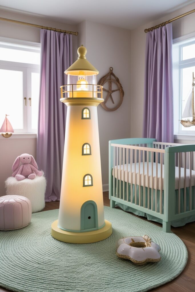 chic lighthouse-shaped lamp in pastel butter yellow and white