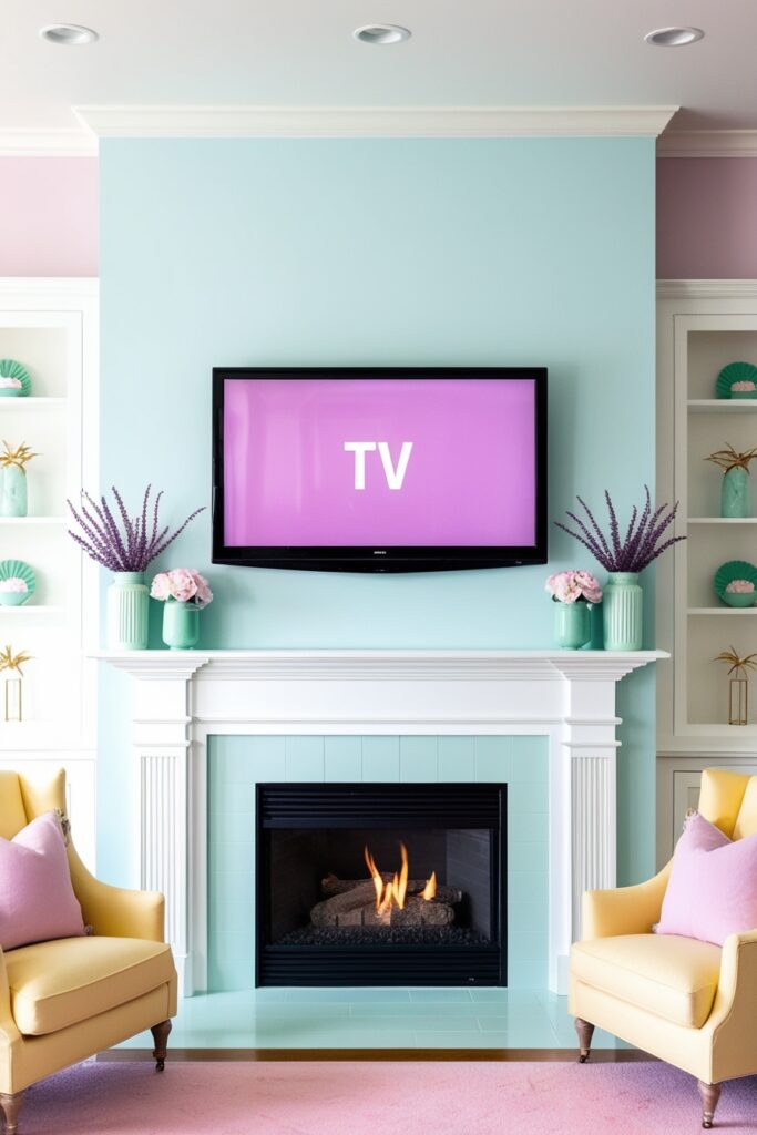 chic living room with a mounted TV above a sleek fireplace on a pastel baby blue wall