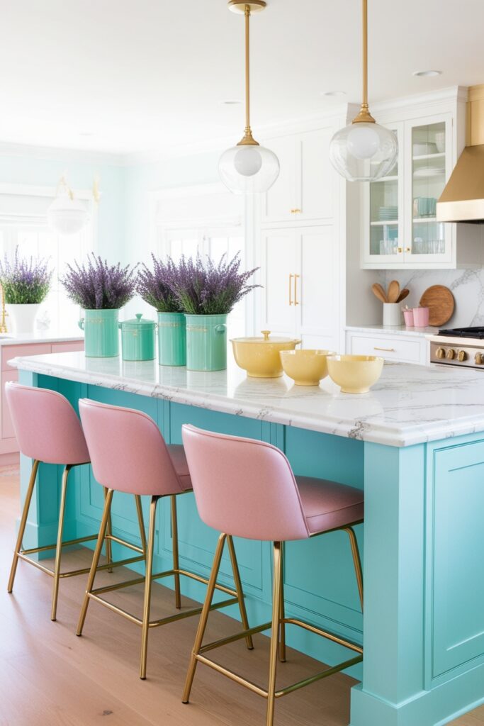 chic open-plan kitchen with a pastel baby-blue island topped with white marble countertops