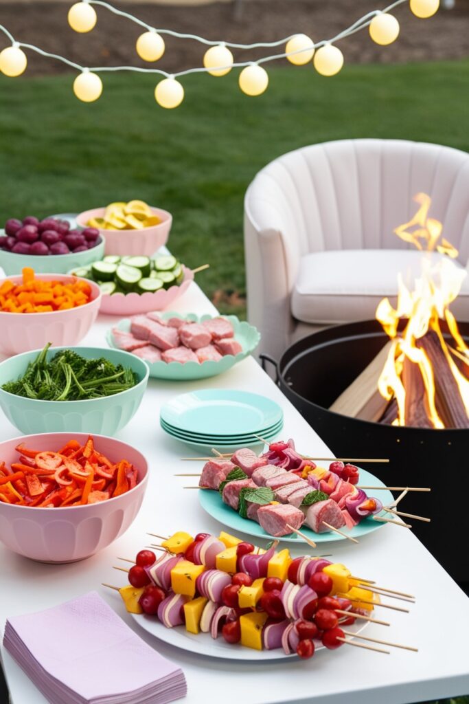 chic outdoor skewer-making station near a bonfire, with pastel pink bowls of vegetables,