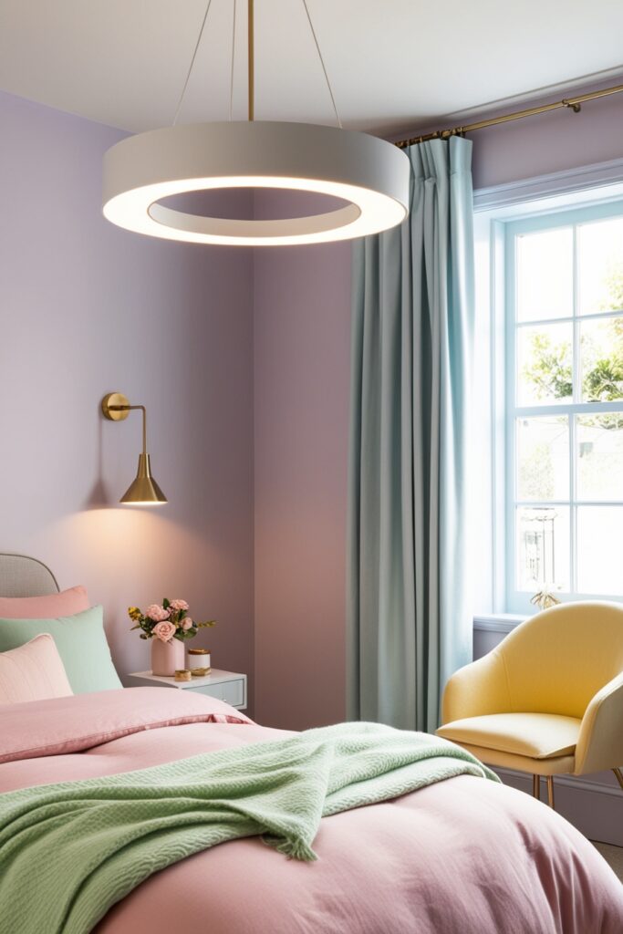 chic pastel bedroom featuring a sleek modern chandelier with dimmable warm white lighting