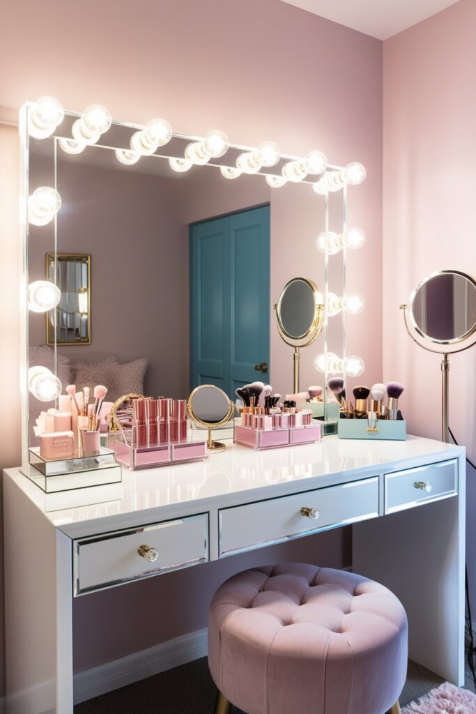 chic vanity with a large mirror surrounded by glowing Hollywood bulbs, glossy white vanity table (1)