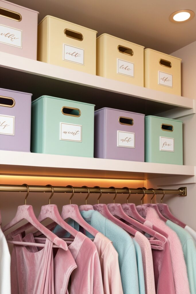 closet with top shelves lined with storage bins
