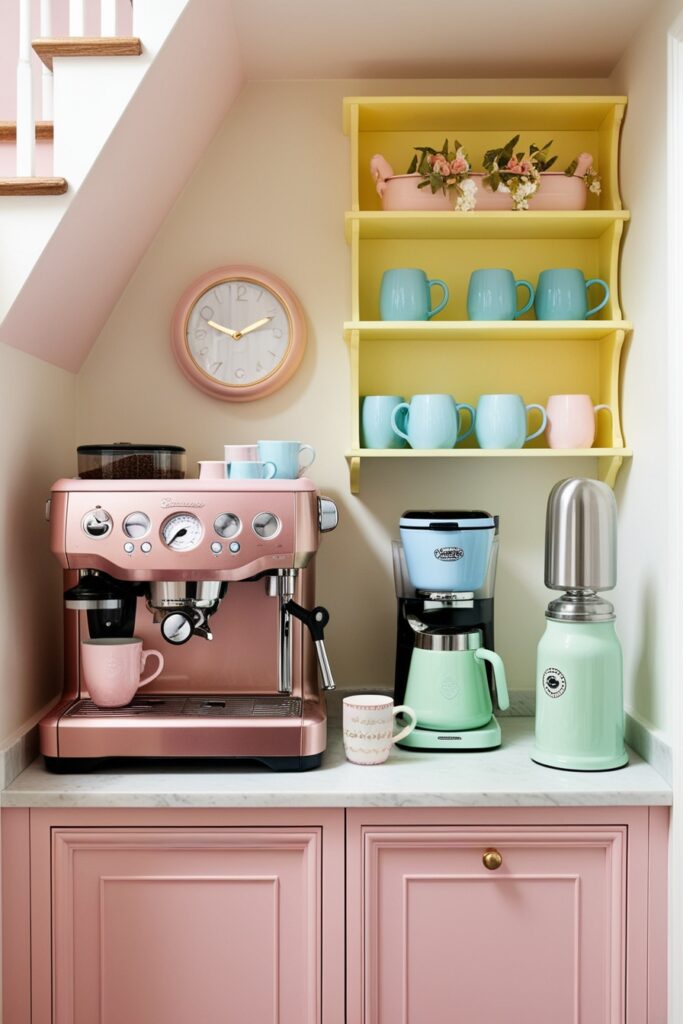 coffee bar under stairs, blush pink espresso machine