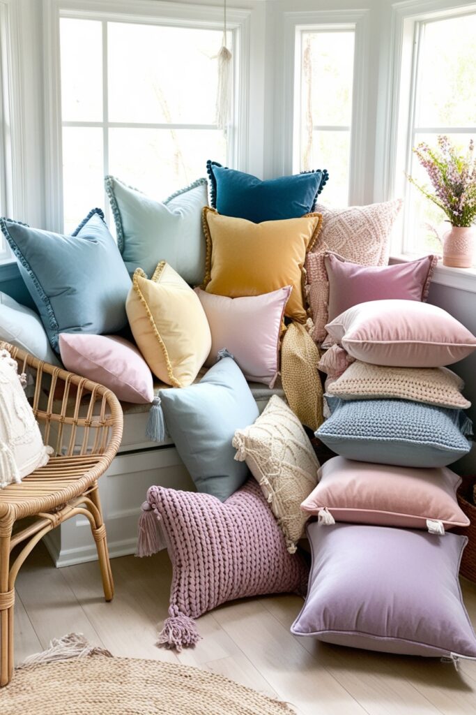 comfy sunroom nook overloaded with throw pillows
