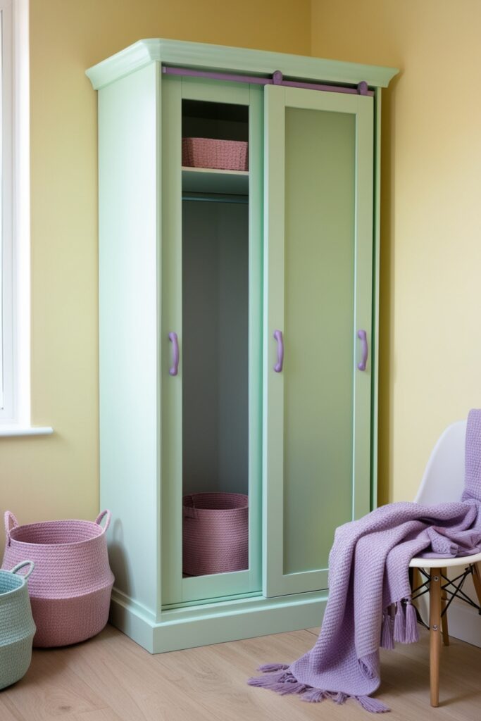 compact corner wardrobe painted in pastel mint green, perfectly fitted into a bedroom corner with light wood floors