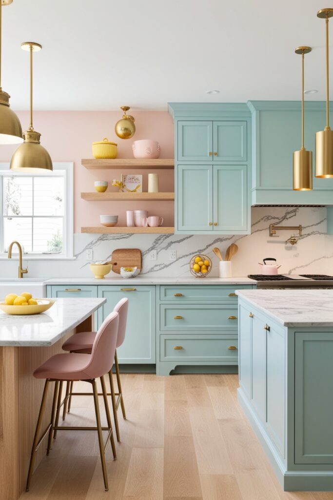 contemporary open kitchen mixing materials pastel baby blue cabinets, light oak wood accents, marble counters
