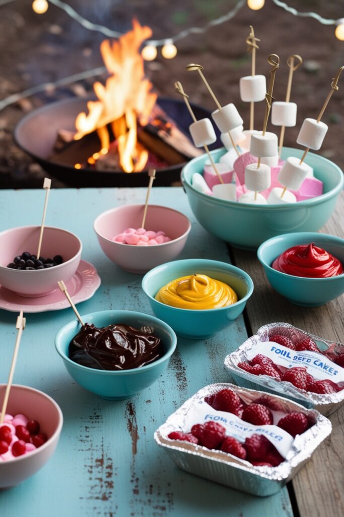 cook-off scene by a bonfire, with friends wearing pastel aprons