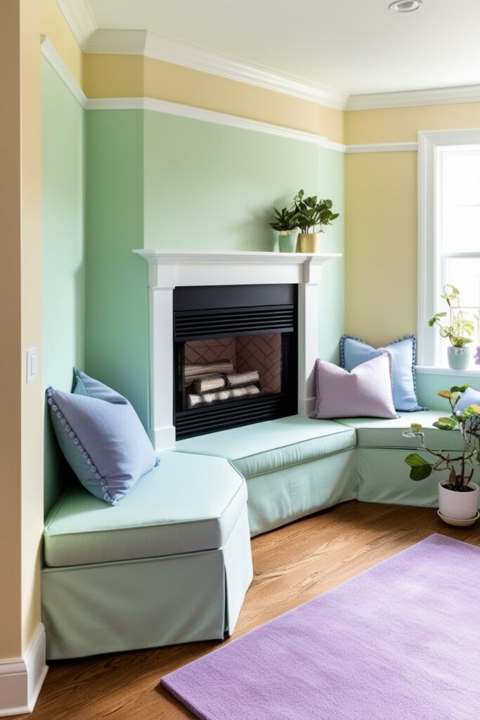 corner fireplace with built-in seating wrapped in pastel mint green upholstery